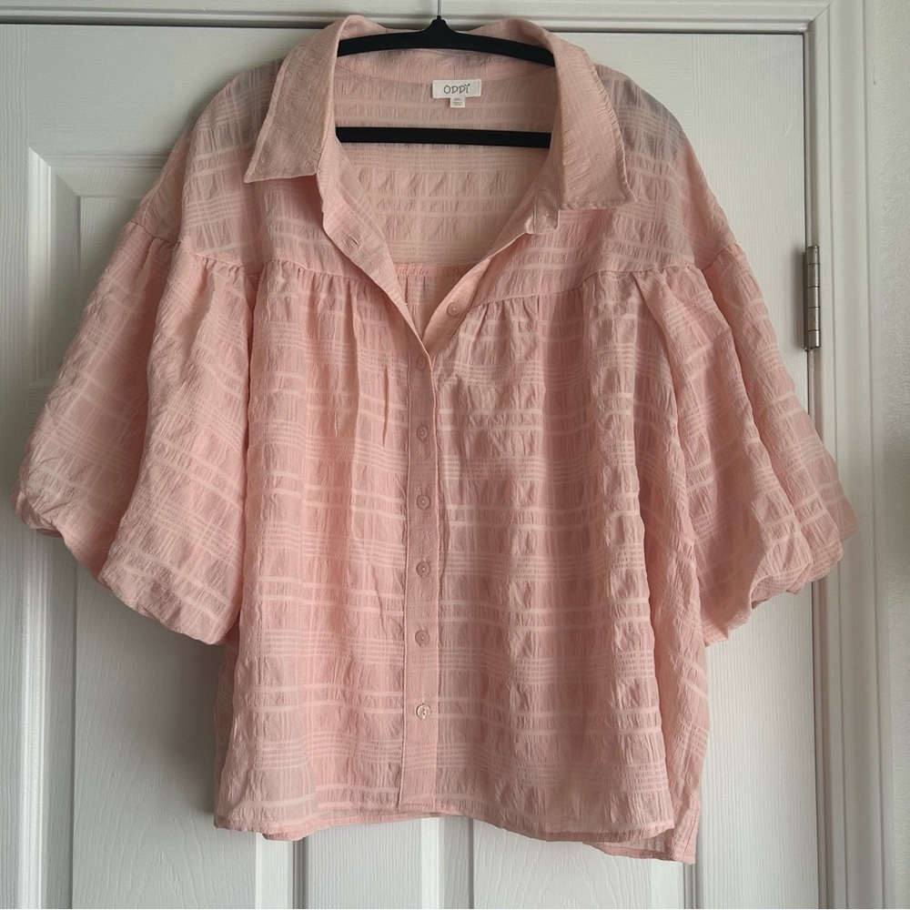 ODDY Pale Pink Textured Button-Front Blouse